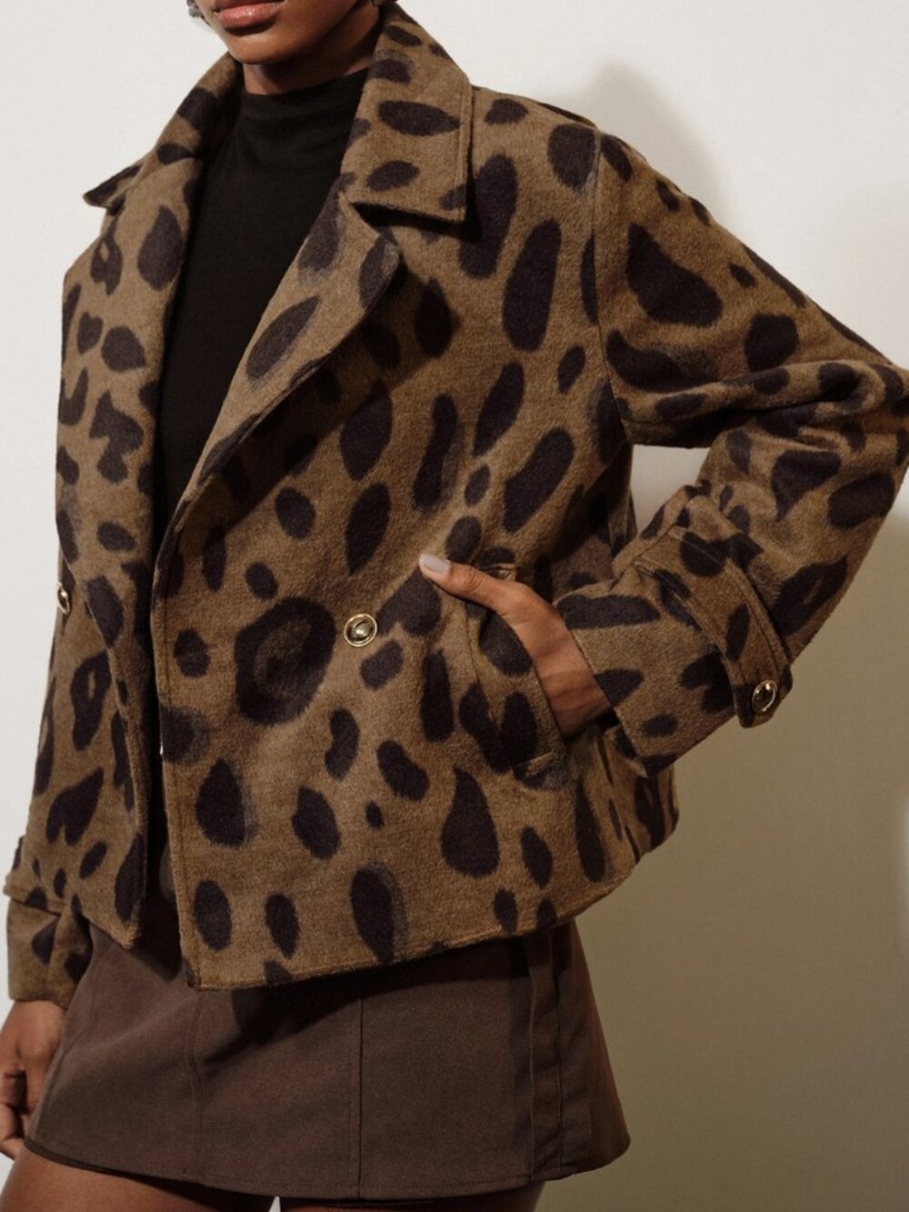 Brown Leopard Print Women's Double Breasted Lapel Jacket